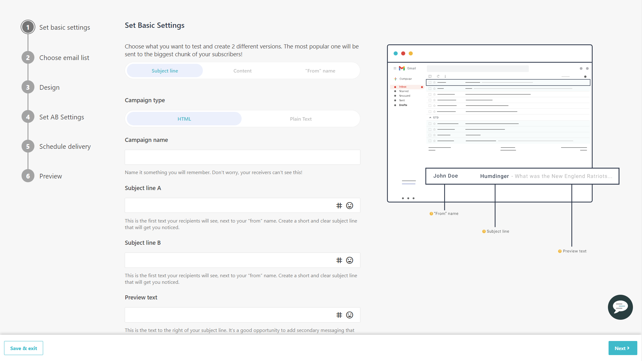 Set Basic Settings page for an A/B testing campaign