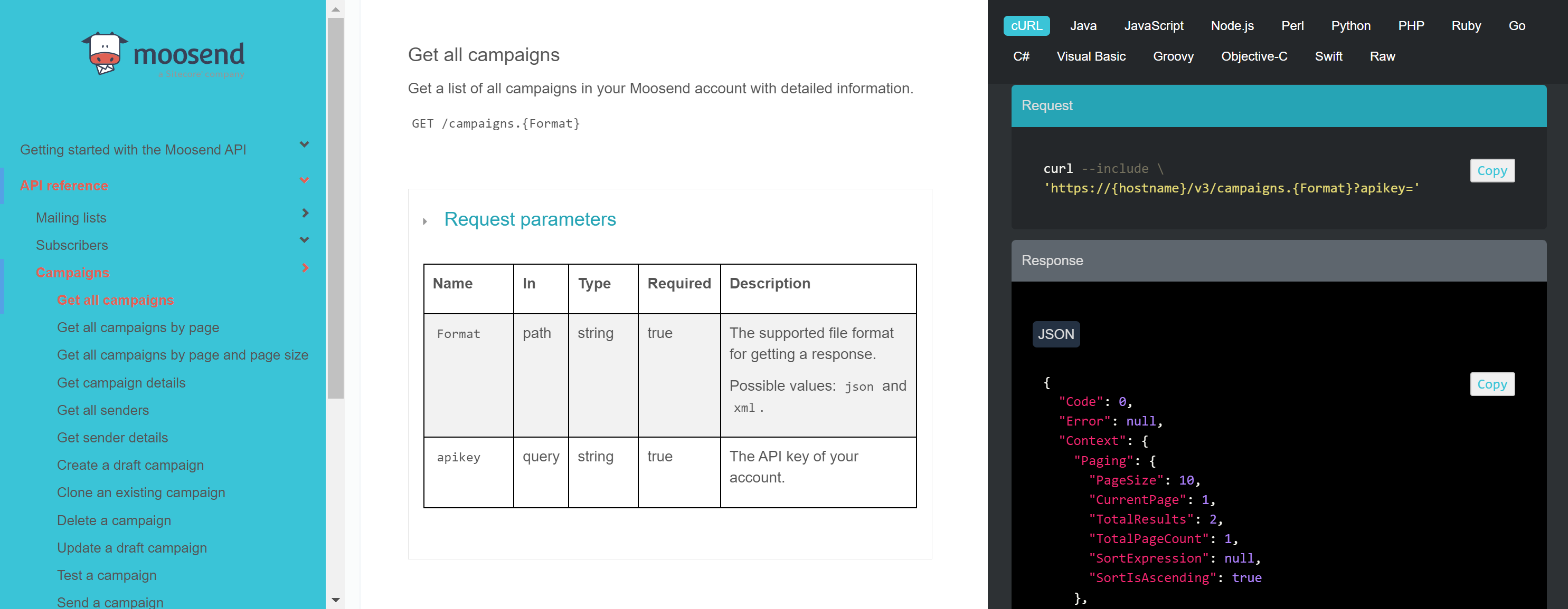 API documentation tri-pane layout