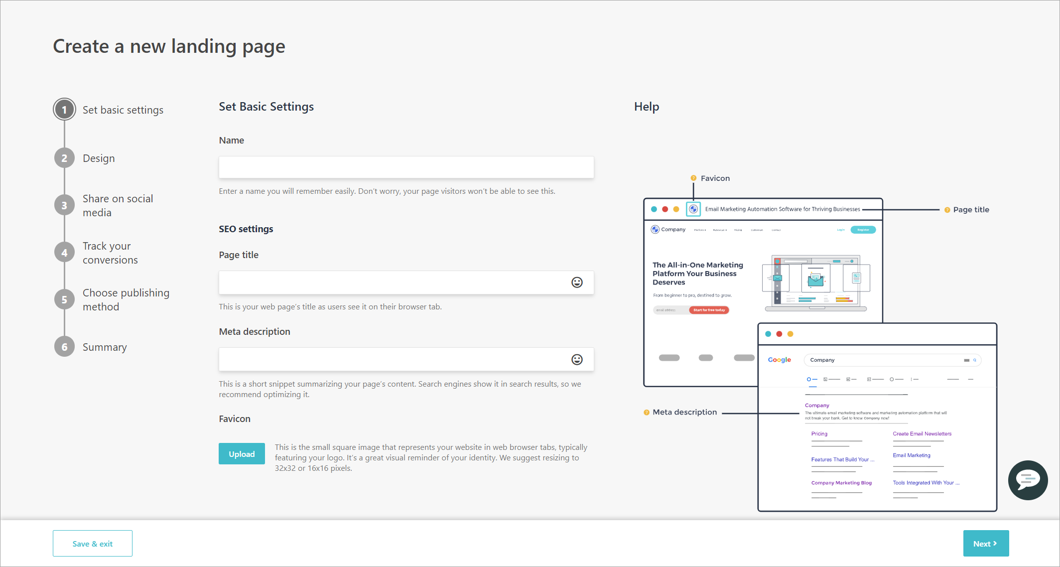 Set Basic Settings page for a landing page